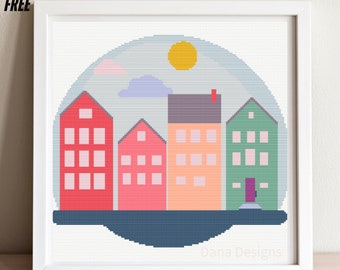 Patrón de punto de cruz de ciudad, patrón de punto de cruz, punto de cruz de casas, edificios abstractos
