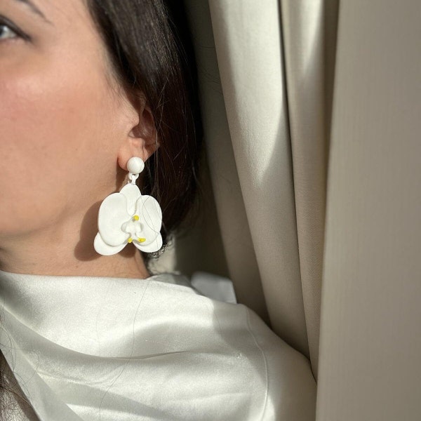 orchid earrings ,orchid drop earrings ,white orchid earrings,3d printed earrings ,bridal white earrings unique dainty delicate garden big