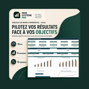Peut inclure: Un modèle de tableau de bord commercial pour Excel intitulé Mon Système Pro. Il présente du texte en français, dont PILOTEZ VOS RÉSULTATS FACE À VOS OBJECTIFS, avec des icônes pour 10 KPI, 4 graphiques et 12 contrôles. La mise en page affiche des tableaux.