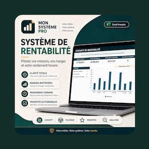 Peut inclure: Un ordinateur portable affichant un tableau de bord intitulé COCKPIT DE RENTABILITÉ avec des graphiques et des données financières. L'écran présente des indicateurs de performance. Texte : MON SYSTÈME PRO et SYSTÈME DE RENTABILITÉ.