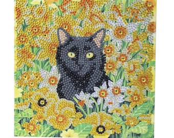 Chat parmi les fleurs, carte d'art en cristal 18x18cm