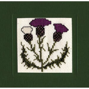 Puede incluir: Bordado de punto de cruz de tres cardos morados con tallos y hojas verdes, sobre un fondo blanco. La obra de arte está enmarcada en un borde verde oscuro, creando un diseño floral clásico y detallado.