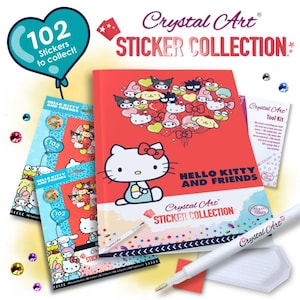 May include: A Hello Kitty and Friends Crystal Art sticker collection set. The set includes a red sticker book, sticker sheets, and a tool kit. The sticker book features a heart-shaped design of Hello Kitty characters. The text reads "102 Stickers to collect!"