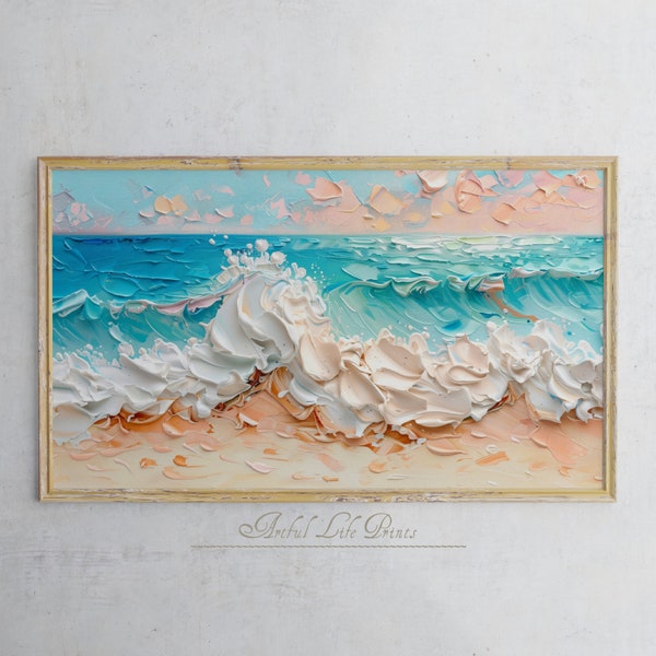 Samsung Frame TV Art | 3D | Ocean Wave Painting | Digital Download |  Summer  | Ocean Seascape |  Beach Painting | Pastel Toned TV Frame