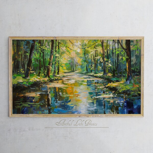 Samsung Frame TV Art |  Frame TV Art River Painting | Digital Download | Oil Scenic Landscape Art | River And Woods Art for TV |