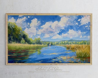 Samsung Frame TV Art |  Frame TV Art Lake Painting | Digital Download | Vintage Scenic Landscape Art | Sailboat Art for TV
