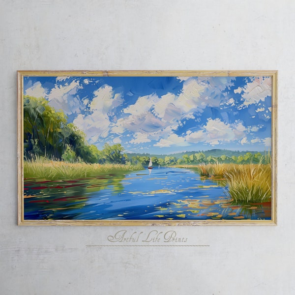 Samsung Frame TV Art |  Frame TV Art Lake Painting | Digital Download | Vintage Scenic Landscape Art | Sailboat Art for TV