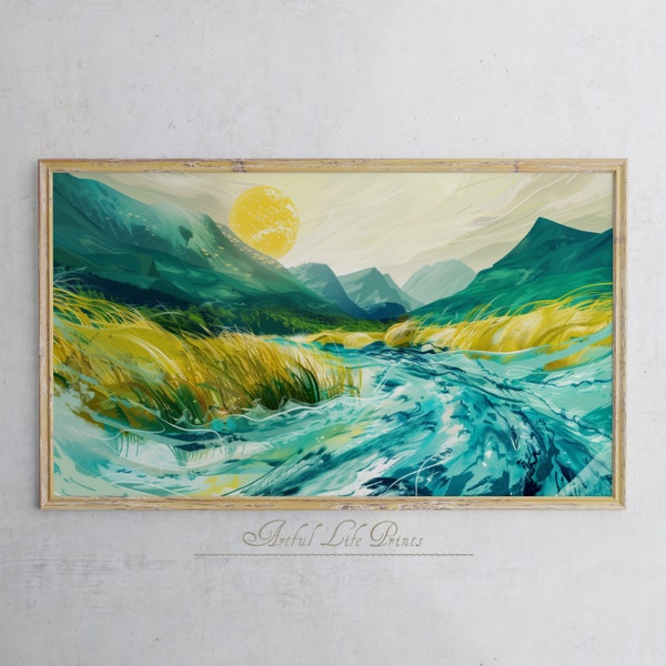 Samsung Frame TV Art |  Frame TV Art River & Mountains Painting | Digital Download | Scenic Landscape Art | River And Mountains Art for TV