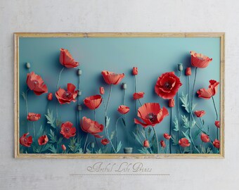 Red Poppies Frame TV Art | 3D Floral Art | Red Poppies Art | Vintage Rustic | Aesthetic Home Decor | Digital Download | Spring TV Art