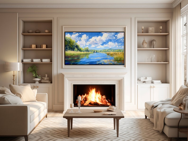 Samsung Frame TV Art Frame TV Art Lake Painting Digital Download Vintage Scenic Landscape Art Sailboat Art for TV image 3