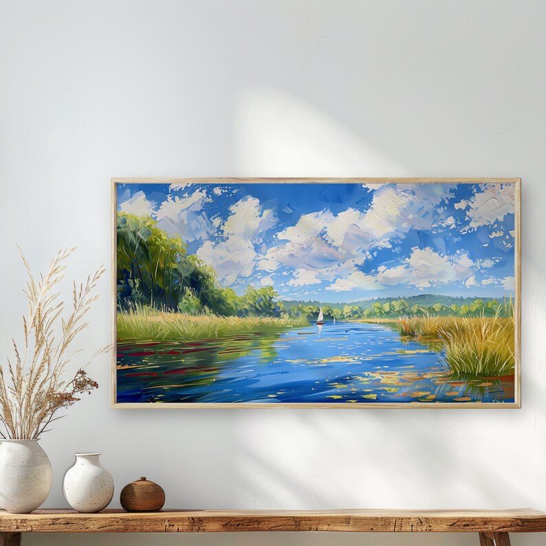 Samsung Frame TV Art Frame TV Art Lake Painting Digital Download Vintage Scenic Landscape Art Sailboat Art for TV image 2