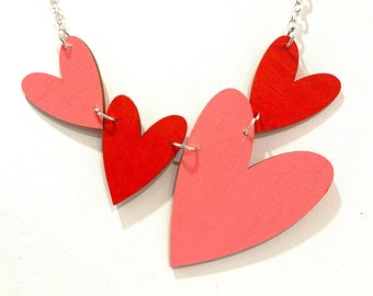 Valentines Heart Quad Statement Necklace Laser Cut Wood Lightweight Holiday Gift