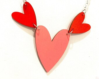 Valentines Heart Trio Necklace Laser Cut Wood Lightweight Holiday Gift