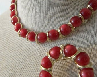 Vintage Opalescent Jewelry  Red Necklace and Pin Set