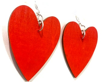 Valentine's Day Large Red Heart Statement Earrings Laser Cut Wood Lightweight Gift