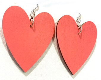 Valentine's Day Large Heart Statement Earrings Laser Cut Wood Lightweight Gift