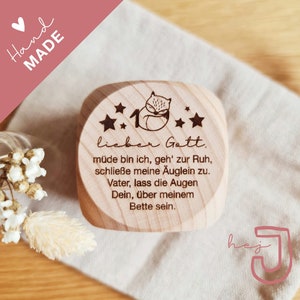 Puede incluir: Un cubo de madera con un dise&ntilde;o de zorro y el texto "lieber Gott. m&uuml;de bin ich, geh' zur Ruh, schlie&szlig;e meine &Auml;uglein zu. Vater, lass die Augen Dein, &uuml;ber meinem Bette sein."