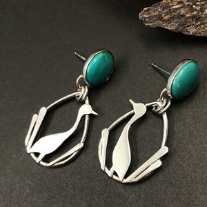 Sterling Silver Heron Bird Earrings with Kingman Turquoise and Hand Saw-Cut Bird Design, Gift for Bird Lover, Tropical Earrings