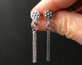 Sterling Silver Earrings, Hand Fabricated Flower Stud Posts with Long Dangle, OOAK Metalsmith Earrings, Unique Gift for Her