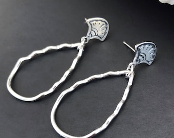 Sterling Silver Open Hoop Dangles with Stud Post, Hand Fabricated Long Stud Earrings, Metalsmith Made, Lightweight Hoops