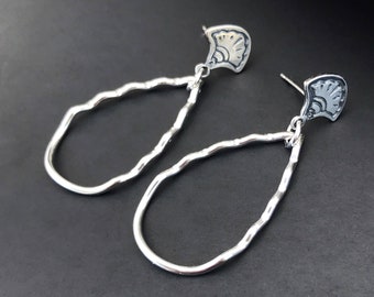 Sterling Silver Open Hoop Dangles with Stud Post, Hand Fabricated Long Stud Earrings, Metalsmith Made, Lightweight Hoops