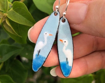 Egret Bird Earrings with Sterling Silver Ear Wires, Hand Painted & Kiln Fired Glass Enamel Dangles, Long Bird Dangles