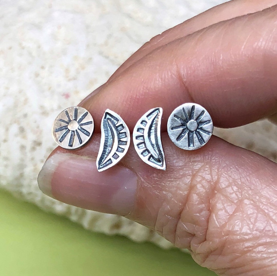 Sterling Silver Stud Earrings Set of Two Pair Hand Stamped Etsy