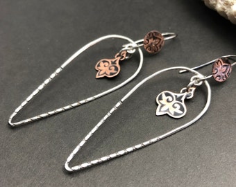 Lightweight Sterling Silver and Copper Earrings, Mixed Metal Dangles, Long Fleur De Lis Earrings, Shoulder Duster Earrings