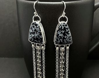 Snowflake Obsidian Earrings in Sterling Silver, Jellyfish Earrings, Metalsmith Chain Fringe Earrings, OOAK Silversmith Earrings