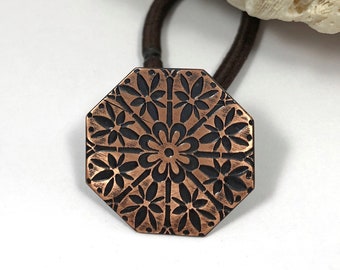 Solid Copper Ponytail Holder, Elegant Black and Polished Octagonal Mandala Design, Gift for Long Hair, Replacable Elastic