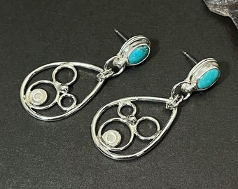 Kingman Turquoise Earrings Hand Fabricated in Sterling Silver, Unique One of a Kind Gemstone Earrings