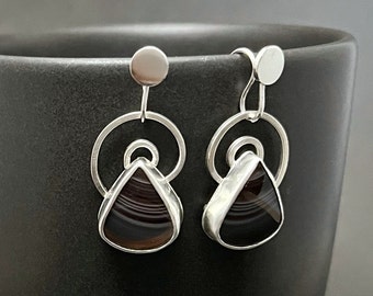 Botswana Agate Earrings, Metalsmith Made Greige Earrings, Contemporary Sterling Silver Triangle Dangles