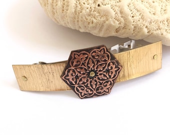 Large Brass Hair Clip with Copper Mandala Design, Metalsmith Made Mixed Metal Barrette, Boho Chic Hair Clip, Gift for Long Hair