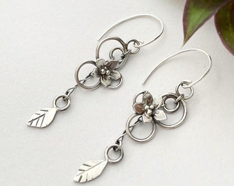 Sterling Silver Flower Earrings, Metalwork Flower & Leaf Dangles, Boho Style Earrings, Unique Botanical Gift for Her