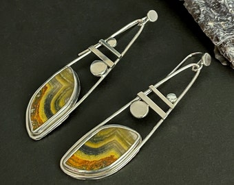 Sterling & Bumble Bee Jasper Earrings, Yellow and Black Gemstone Dangles, Unique Silversmith Earrings, Long Geometric Earrings