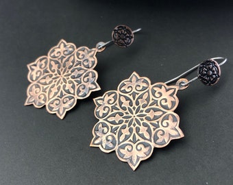 Copper Mandala Earrings, Metalsmith Made Earrings with Handmade Mixed Metal Ear Wires, Boho Style Earrings for Her