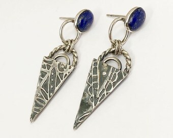 Lapis Lazuli Earrings, Hand Fabricated Sterling Silver with a Botanical Pattern on Front and Back, Unique Gift for Gardener