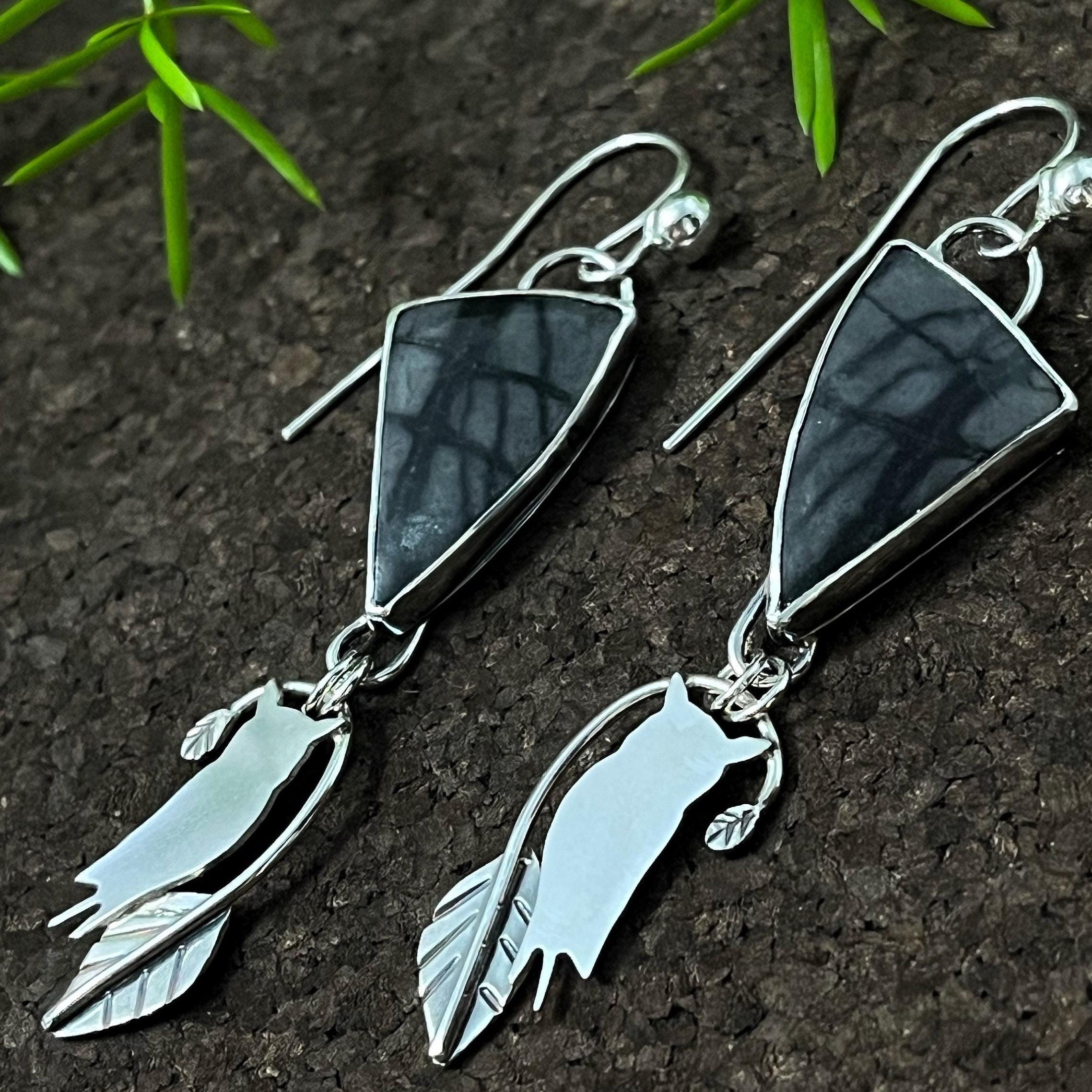 Picasso Jasper Owl Earrings: Handcrafted Sterling Silver Dangles, OOAK Silversmith Earrings