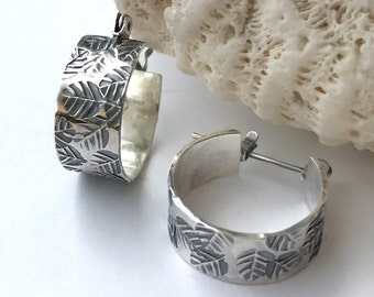 Small Sterling Silver Hoop Earrings, Hammered Silversmith Leaf Design, Handcrafted Boho Style, Foliage Pattern