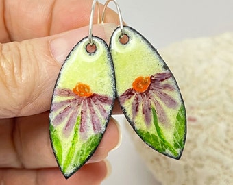 Hand Painted Earrings, Purple Coneflower Earrings, Gift for Gardener, OOAK Earrings