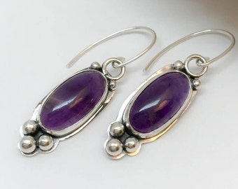 Amethyst Earrings, Purple Stone Dangles, February Birthstone Jewelry, Hand Fabricated Bezel Set Sterling Silver, Metalsmith Made Earrings