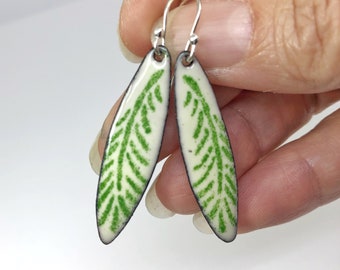Glass Enamel Earrings, Palm Frond Design in Cream and Green with Sterling Silver Ear Wires, Tropical Earrings, Gift for Her