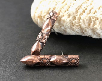 Solid Copper Studs, Hand Wrought Flower and Diamond Pattern, Long Metalsmith Earrings, Boho Casual Style Long Studs, Unique Copper Gift