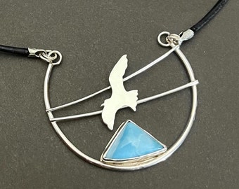 Larimar Necklace with Hand Saw-cut Sterling Silver Bird and Adjustable Length Leather Cord, Blue Seagull Necklace for Beach Lover