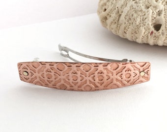 Solid Copper Barrette in Medium Size for Half Up Hairstyles, Metalsmith Riveted to 70mm French Clip, Flower Inspired Geometric Pattern