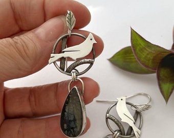 Sterling Silver Cardinal Earrings with Picasso Jasper Dangles, Metalsmith Bird Earrings, Hand Fabricated Bird Watcher Gift