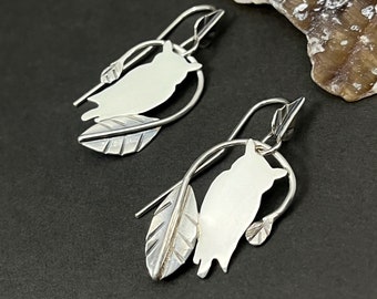 Owl Earrings Handcrafted in Sterling Silver, OOAK Silversmith Earrings, Gift for Bird Lover