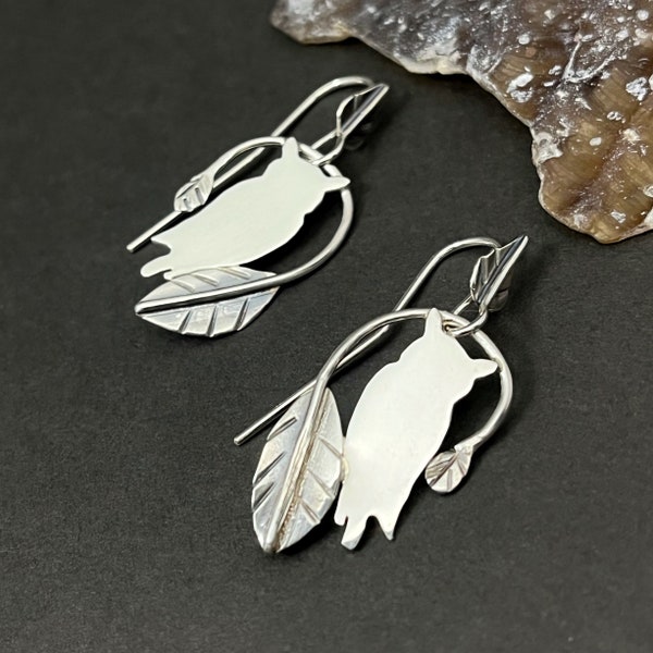 Owl Earrings Handcrafted in Sterling Silver, OOAK Silversmith Earrings, Gift for Bird Lover