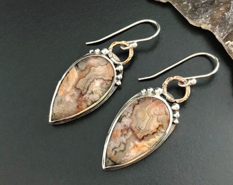 Crazy Lace Agate Earrings, Copper and Sterling Stone Dangles, Metalsmith Mixed Metal Earrings, Artisan Handcrafted Drop Earrings