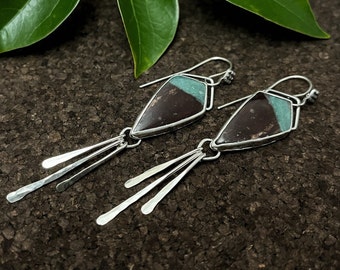 Aqua Chalcedony Earrings, Metalsmith Sterling Silver Turquoise Stone Earrings, Silversmith Fringe Earrings, Unique One of A Kind Design